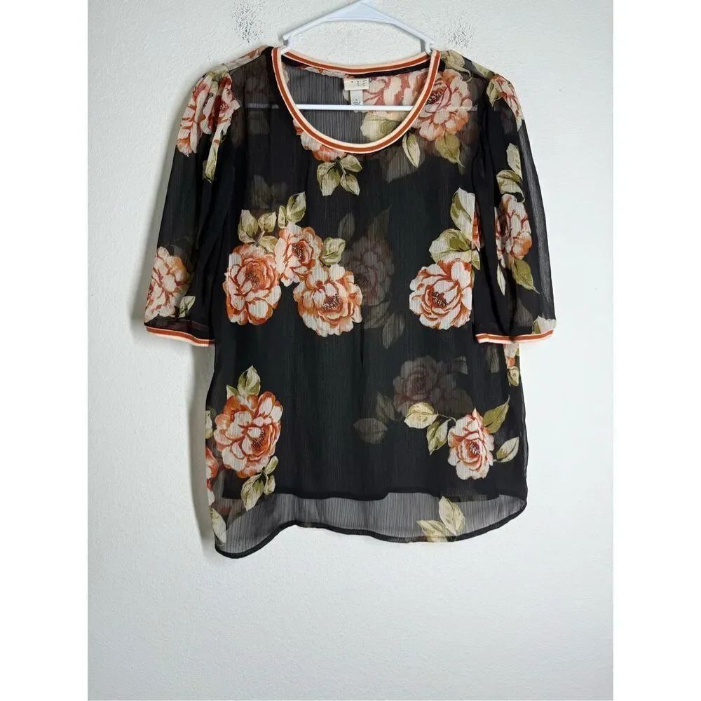 A New Day Women Sheer Short Sleeve Floral Black Multicolor Casual Top Sz L Notes